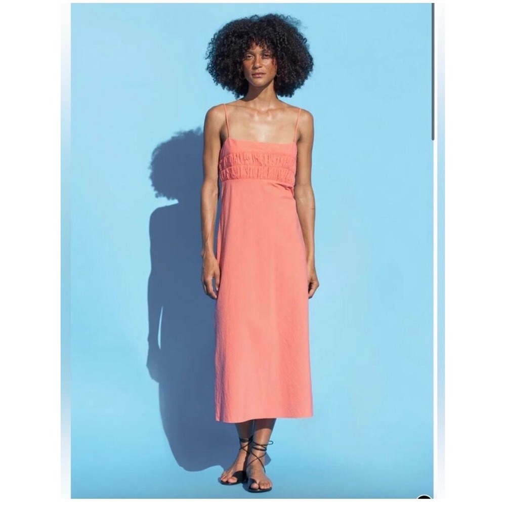 Ciao Lucia Nera Dress Grapefruit Pink Crispy Washed Poplin Midi Ruched Sz M NEW